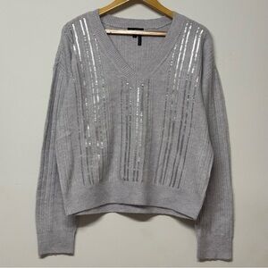 Halston Heritage Gray V-Neck Sweater with Silver Accents